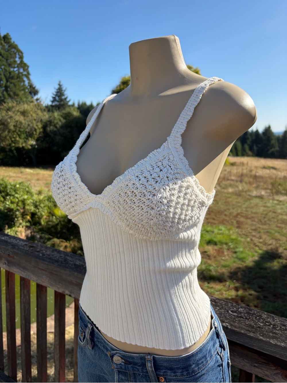 Divided Cream-White Crochet Ribbed Cami Tank Top Women’s Size S Boho Natural